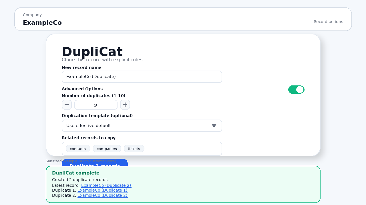 DupliCat record card after a clone run in HubSpot, showing success state and generated clone output links.