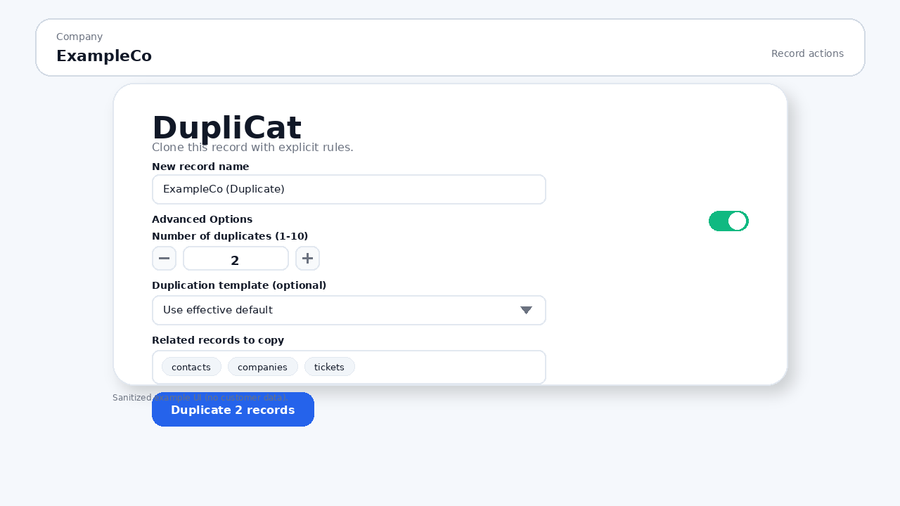 DupliCat record card before running a deal clone in HubSpot, showing duplicate count and template controls.