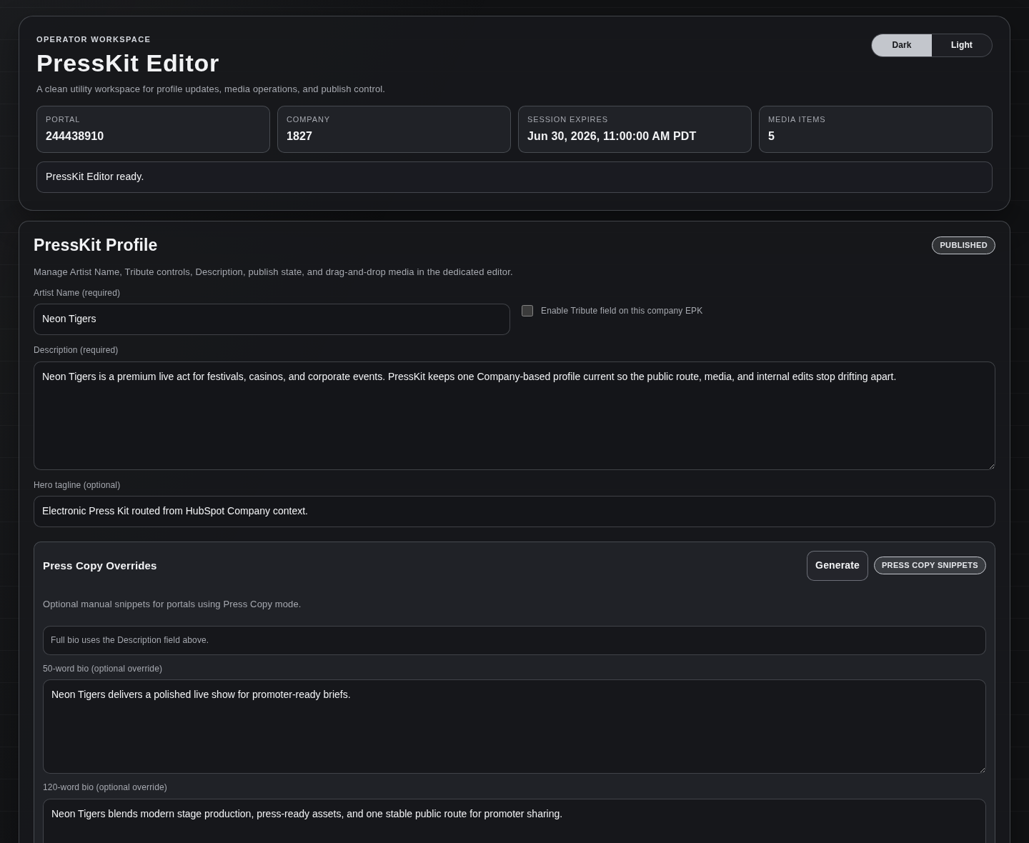 PressKit Editor showing the Company-based profile workspace and publish controls.