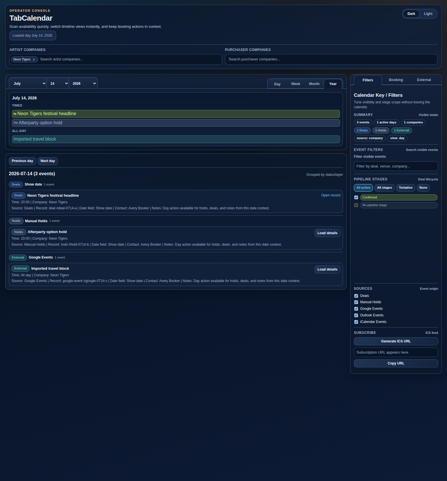 TabCalendar day view showing event context and grouped date details.