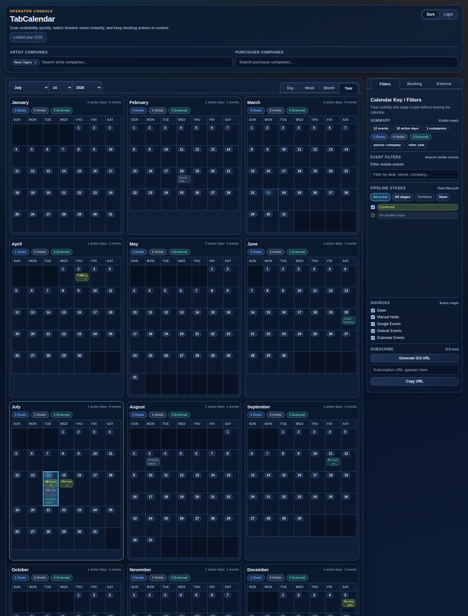 TabCalendar fullscreen year view showing sold, held, and unavailable states across multiple months.